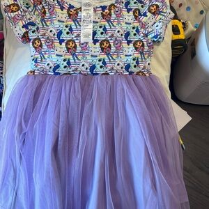 Gabby Doll House Character Print Dress with Purple Tulle Skirt